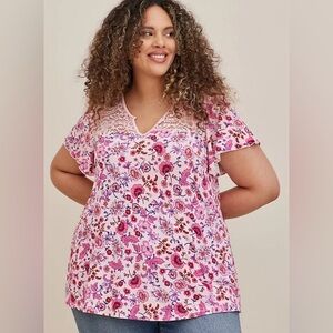 Torrid Soft Jersey Slub Knit Pink Floral Lace Yoke Flutter Sleeve Top